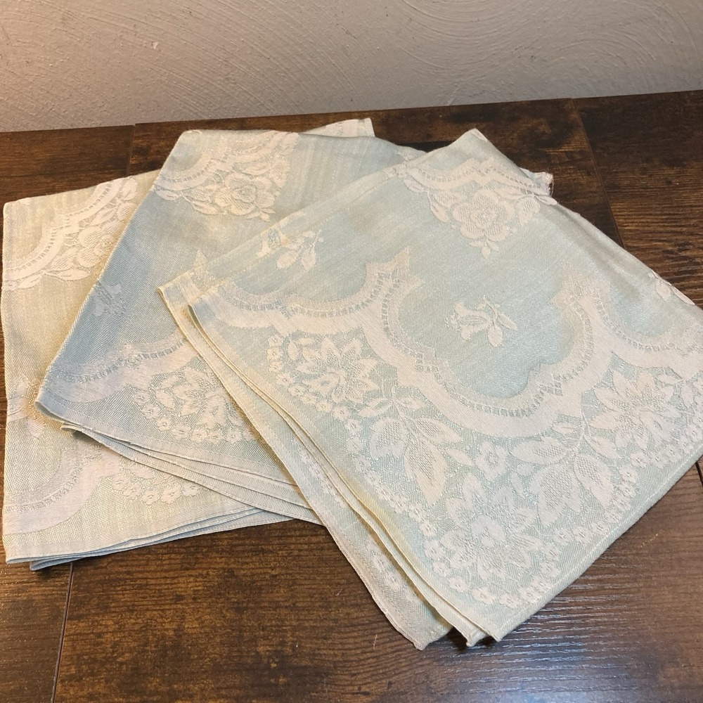 Vtg‎ Mint Green Floral Damask Linen Napkins Set 3 Jacquard Cottagecore Chic